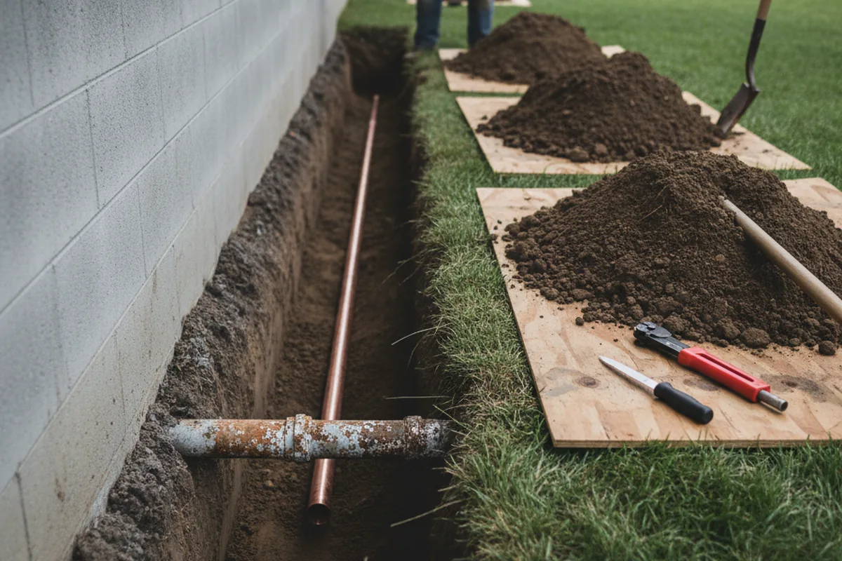 Excavated water line trench during Water Heater Repair in Winnebago